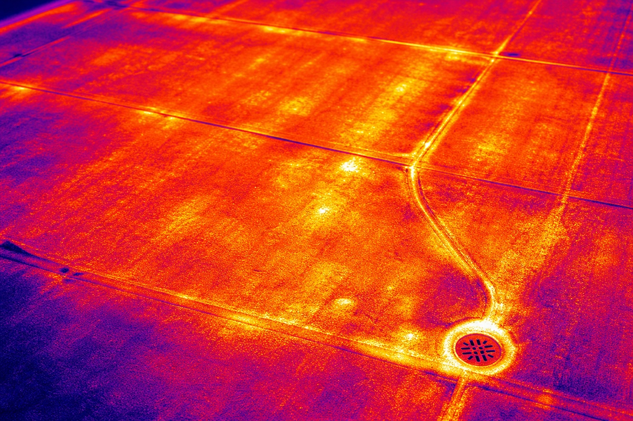 Symbolic thermography of a hot bituminous roof surface before coating